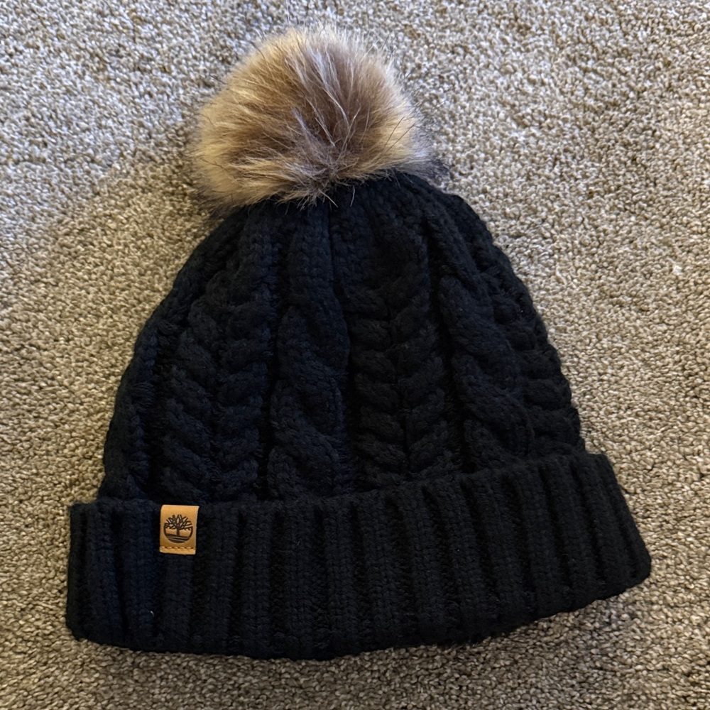 Timberland Black Cable Knit Beanie with Brown Pom-Pom